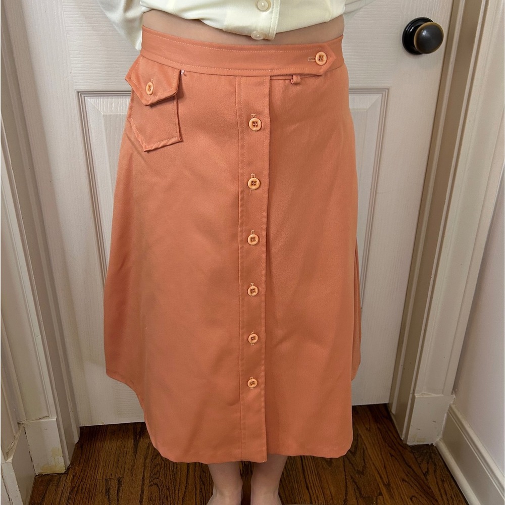 Vintage Terracotta Orange Button Front A-Line Midi Skirt with Pocket